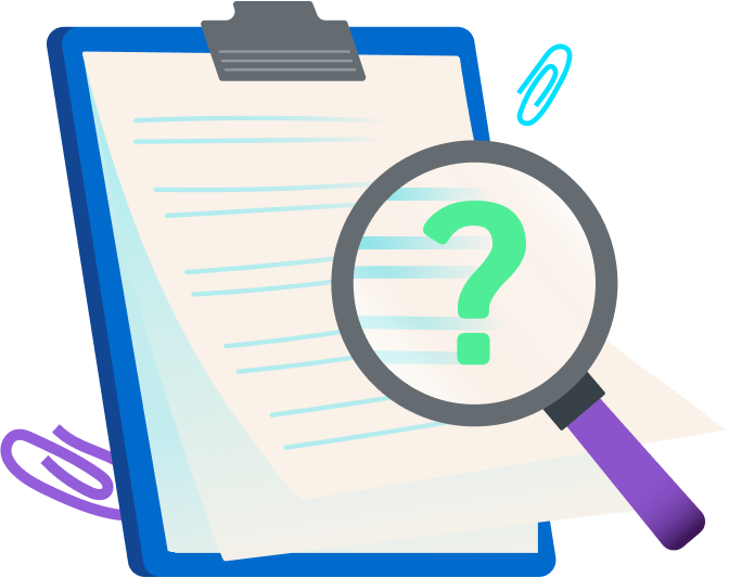 Magnifying glass with question mark over clipboard.