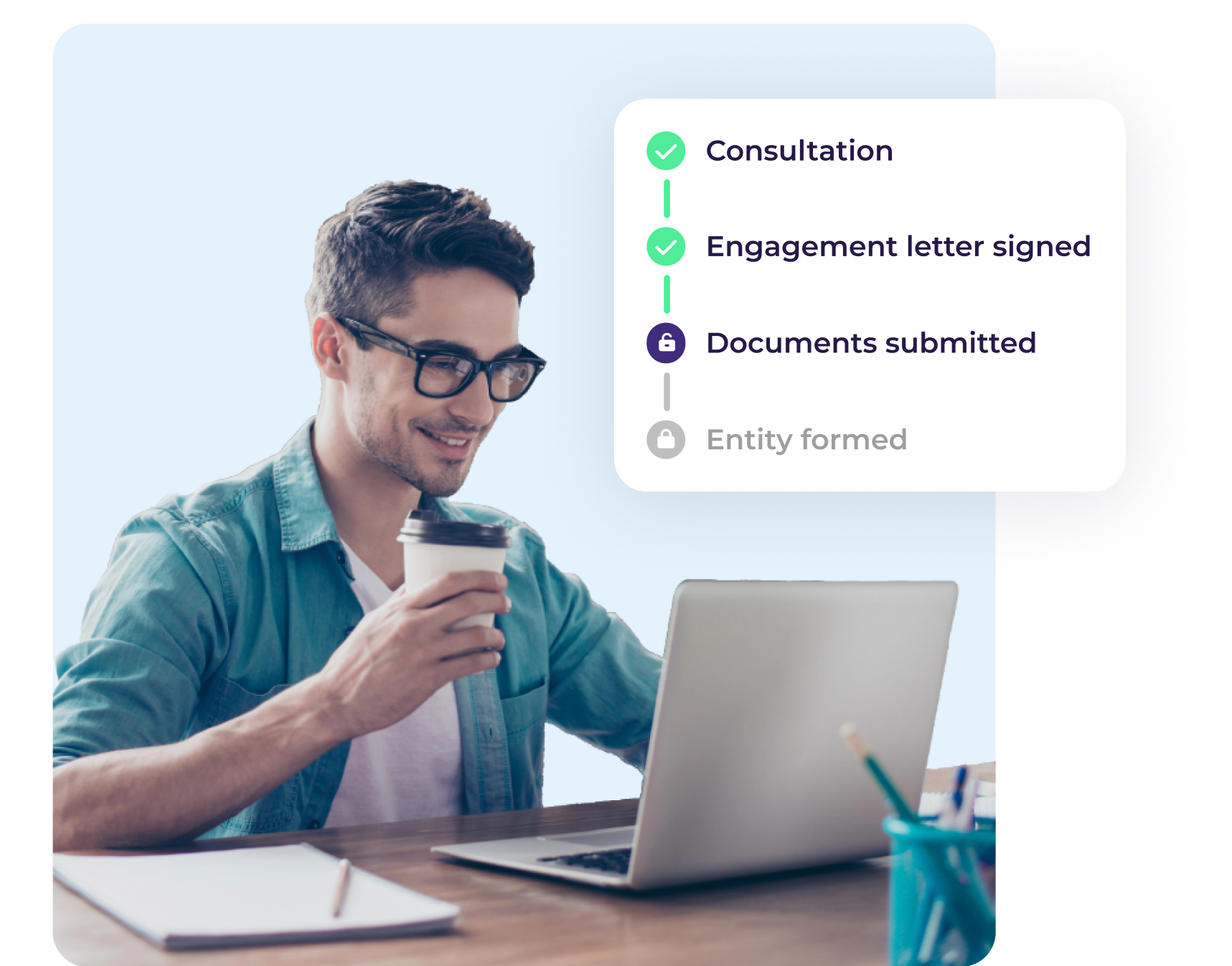 Relaxed man smiles at laptop. Checklist reads consultation, engagement letter signed, documents signed, entity formed.